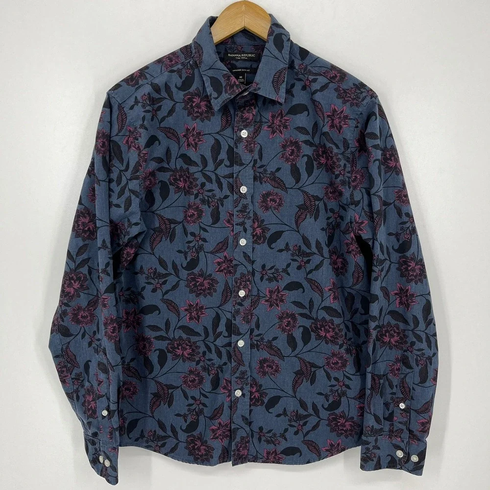 Banana Republic Mens Luxe Poplin Untucked Slim Fit Floral Shirt Blue Burgundy M